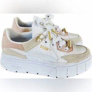 Puma White and Beige Women's Sneakers with Gold Accents